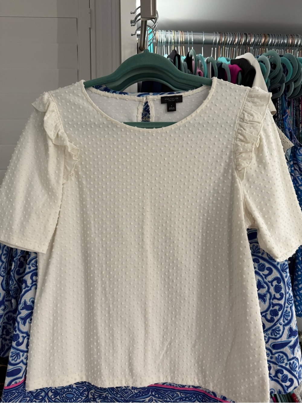 Ann Taylor Ivory Swiss Dot Ruffle Sleeve Blouse Small